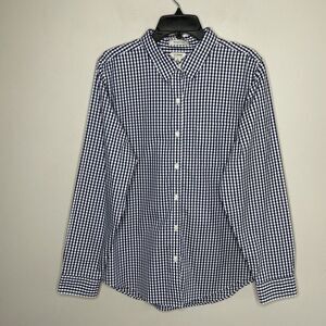 LL BEAN Shirt Men Large Regular Blue Gingham Check Button Up Wrinkle Free Cotton